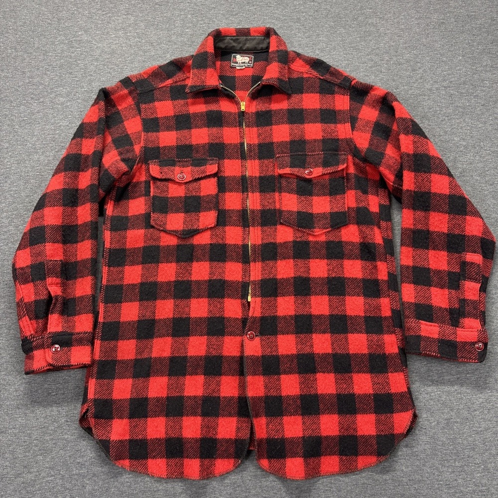 Vintage Woolrich Shirt Jacket Mens M Buffalo Plaid Zip Up Cats Eye 40s 50s USA